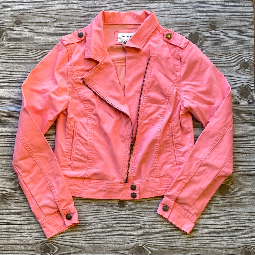 Forever 21 Pink Assymetric Full Zip Moto Jacket